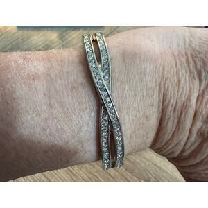 Clear Rhinestone Hinged Bracelet Silver Tone Criss Cross‎ Bangle Fashion Jewelry